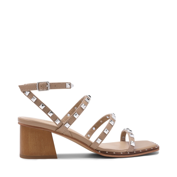 Clear Rhinestone Strappy Chunky Heels - NUDE PU RIVET - 2